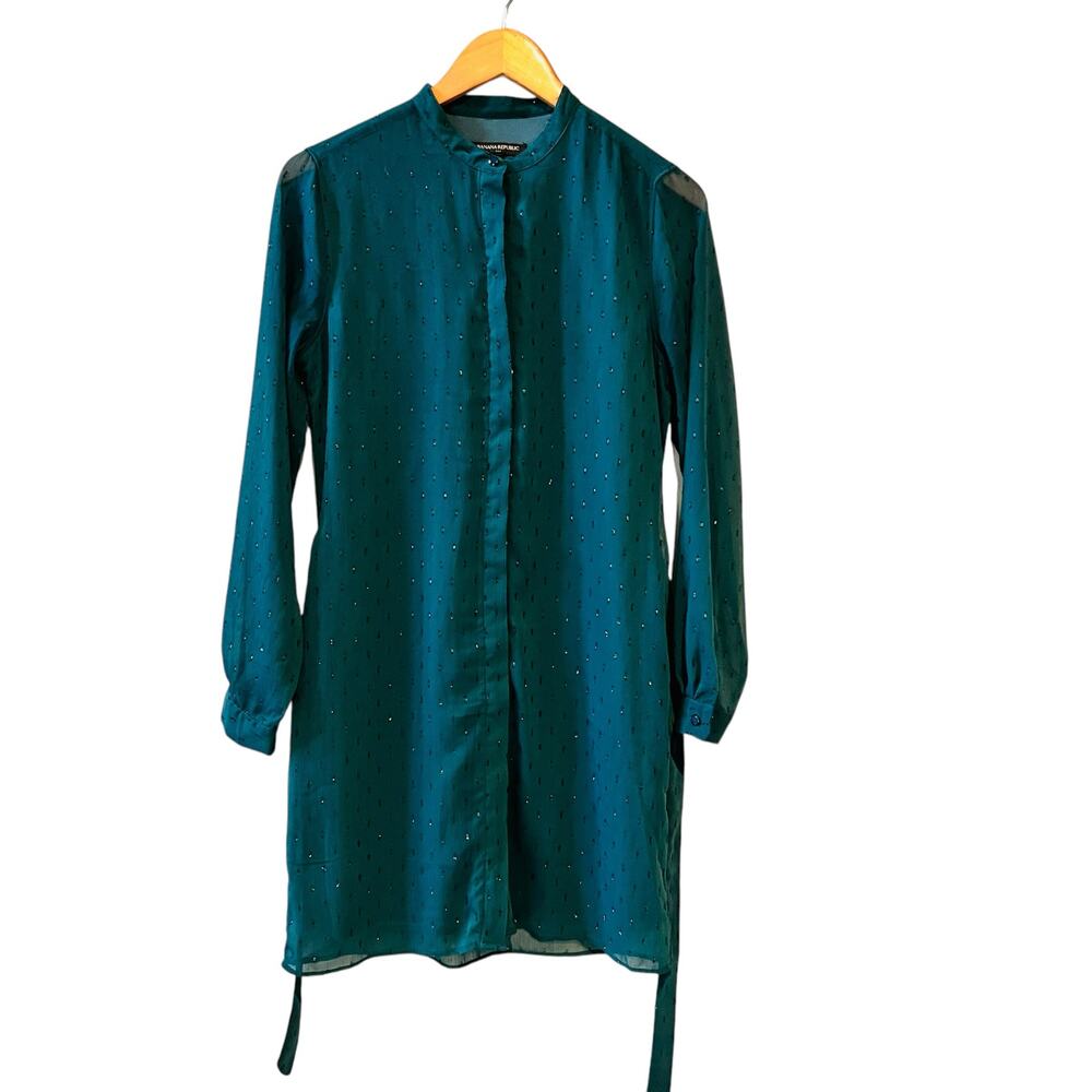 Banana Republic Teal Swiss Dot Belted Shirt Dress Size 2